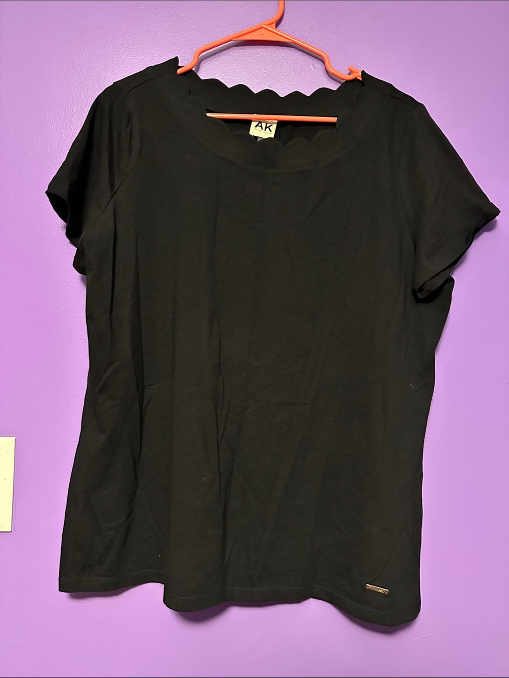 Anne Klein Black Short Sleeve Top with Scallop Neckline Detail